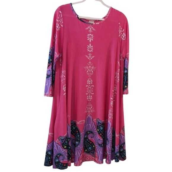 Knit Hot Pink Tunic Shift Dress Flowy Boho Paisley Print Pockets - Picture 1 of 4